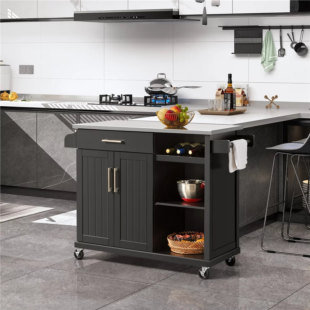 Rolling Storage Kitchen Cart Cabinet with Steel Top, Black B252415