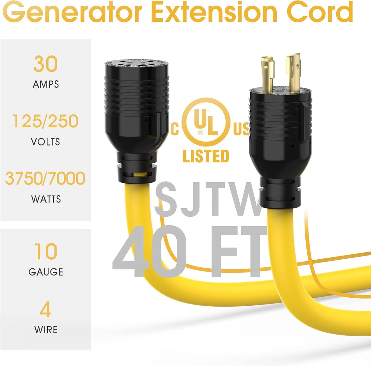 30A 125/250V 7500W Generator Power Extension Cord 40 Feet T858