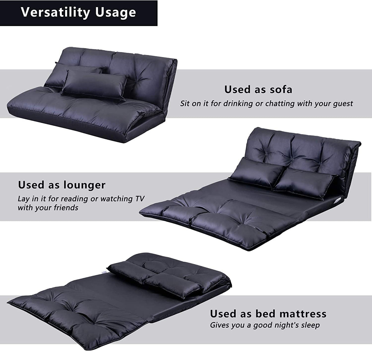 Adjustable Floor Sofa Bed with 2 Pillows, 5 Reclining Position, Black F325278