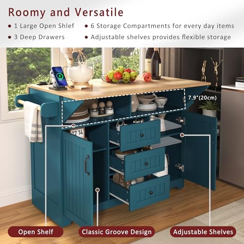 Rolling Kitchen Island on 5 Wheels with 2 Drop Leaf, Power Outlet and 3 Drawers, Green T793014