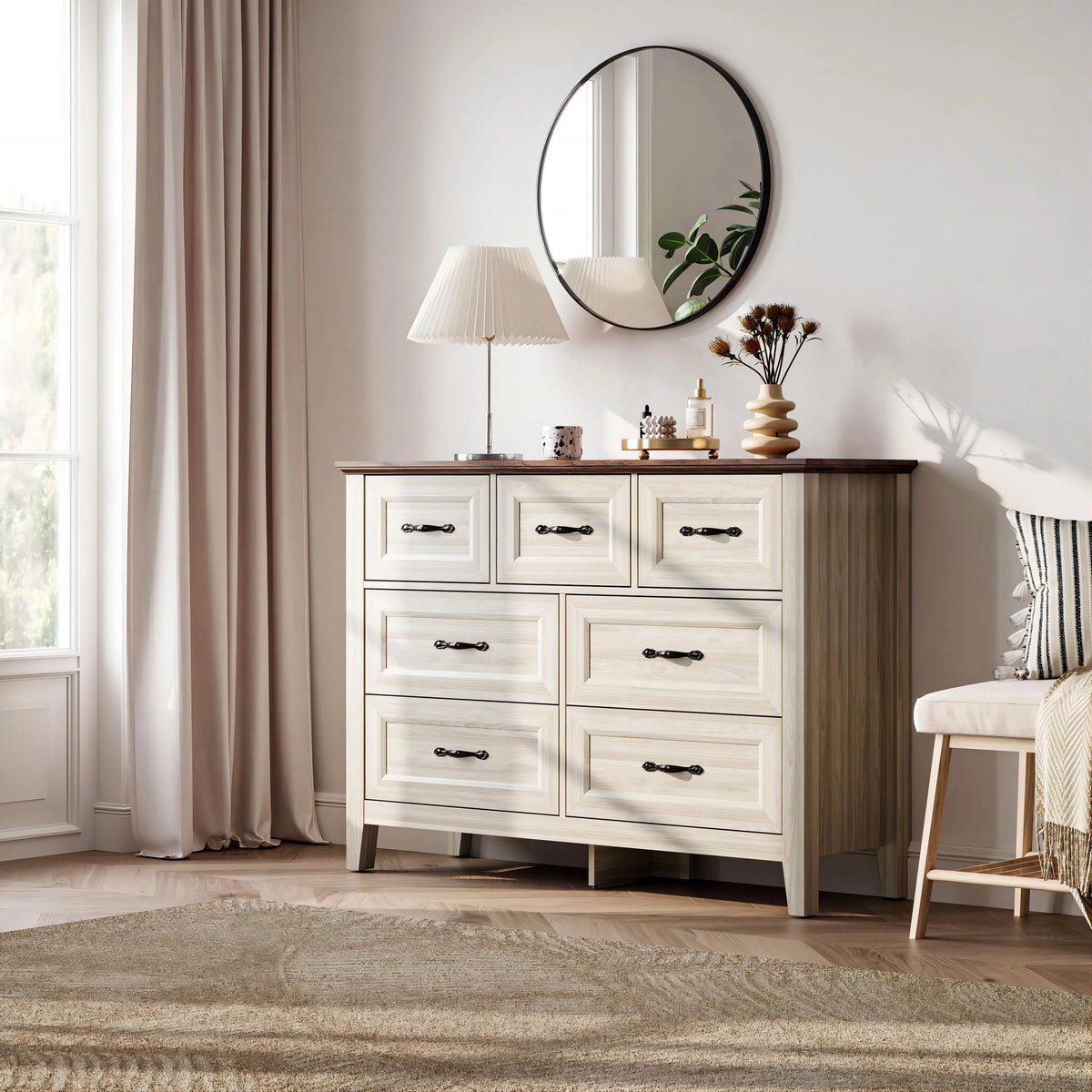 7 Drawer Rustic Oak Wood Dresser V329