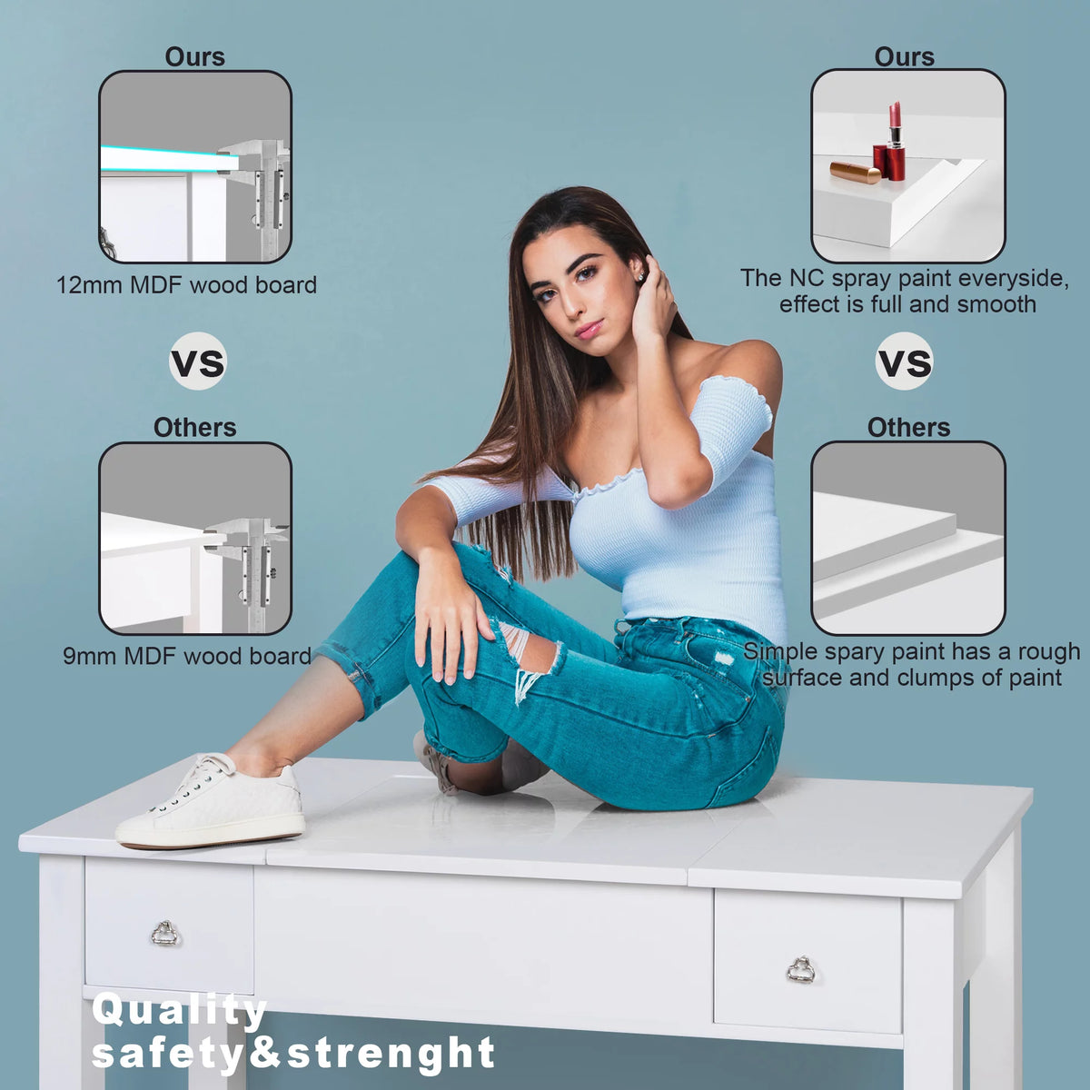 White Vanity Table with Flip-Top Mirror and 2 Drawers E755