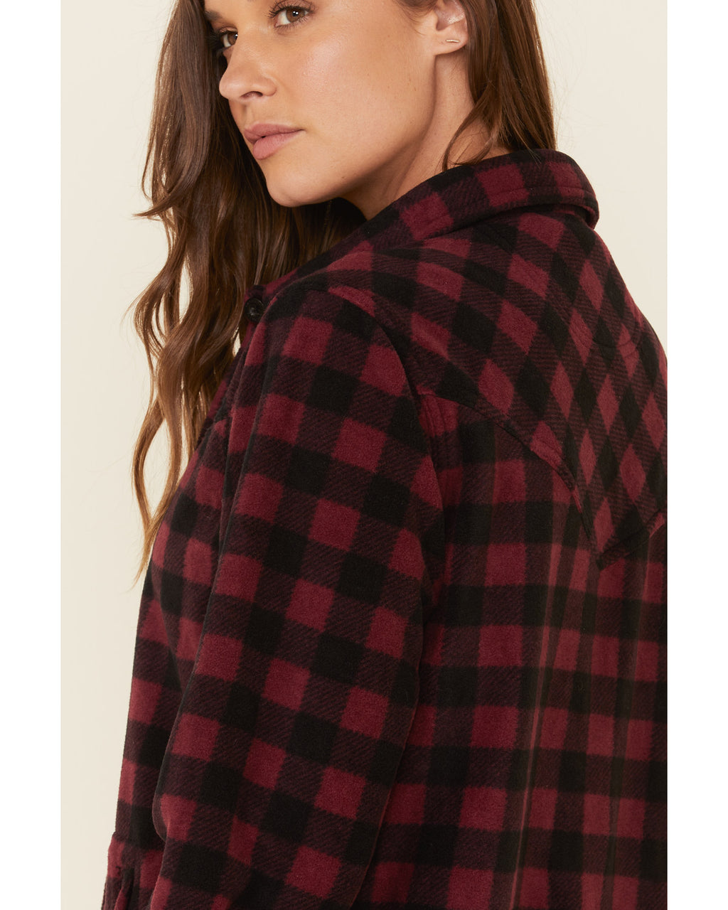 Plaid Print Long Sleeve Fleece Shacket Wine 3X J9063