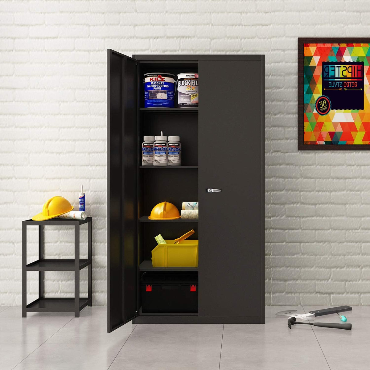 Black Metal Storage Cabinet with 4 Adjustable Shelves L714