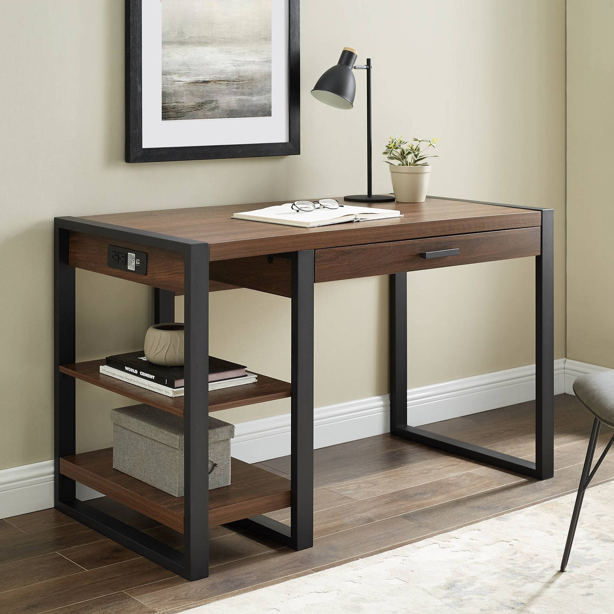 48x22 Industrial Farmhouse Tech Desk with USB Dark Walnut Z833