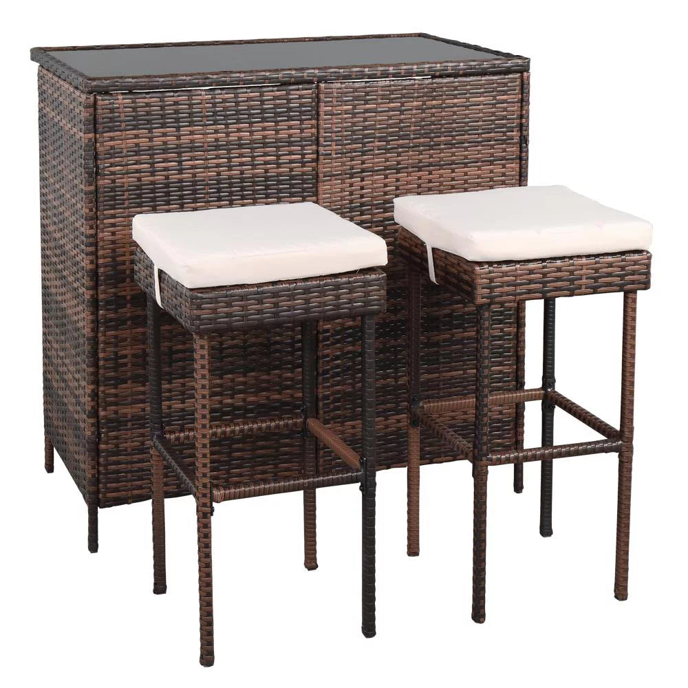 3PCS Patio Rattan Wicker Bar Table Stools Dining Set Brown G3901