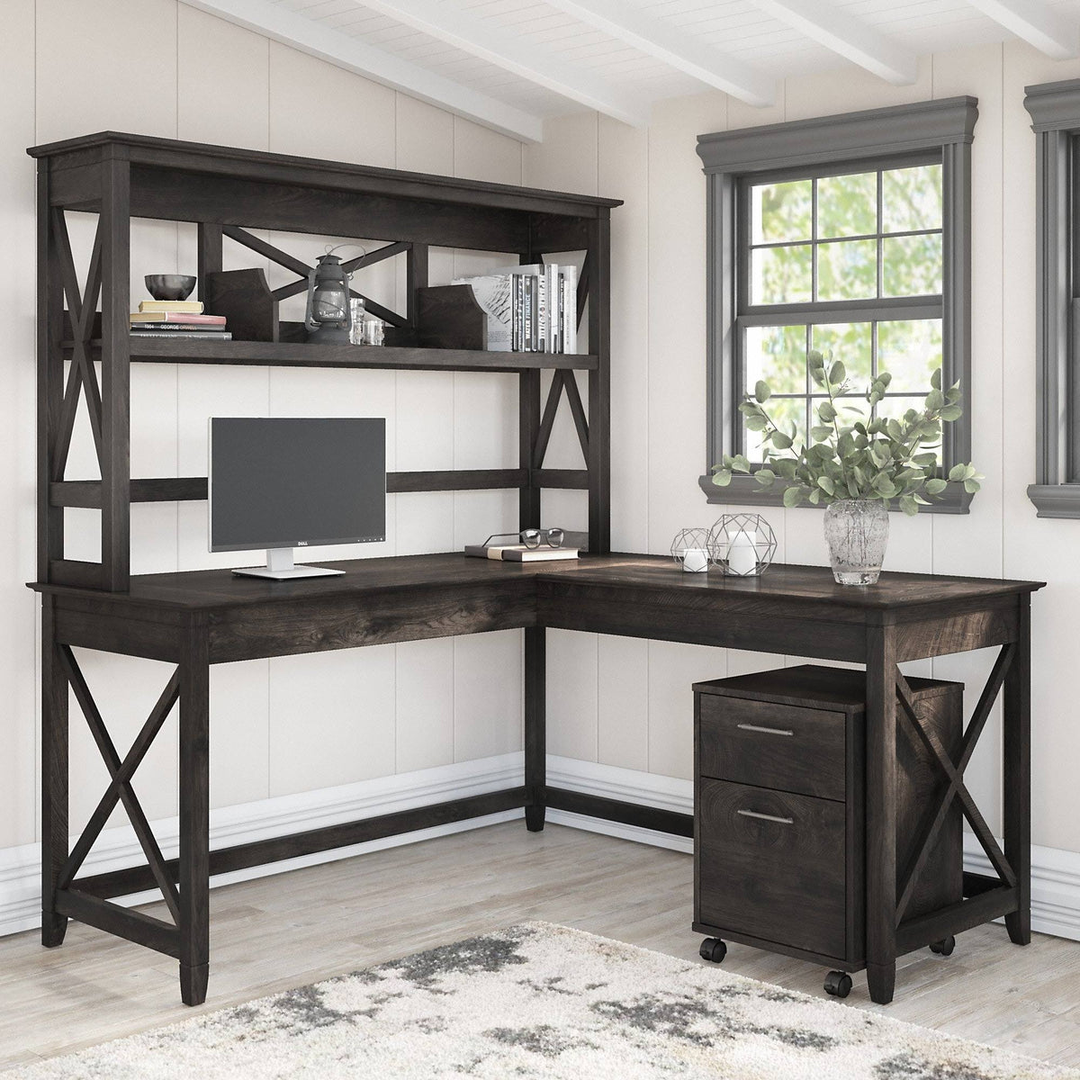 Dark Gray Hickory L Shaped Desk with Hutch and 2 Drawer Mobile File Cabinet R935