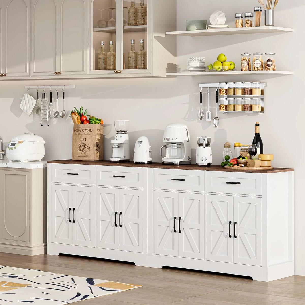 White Wood Buffet Sideboard with 2 Drawers and 4 Doors P406