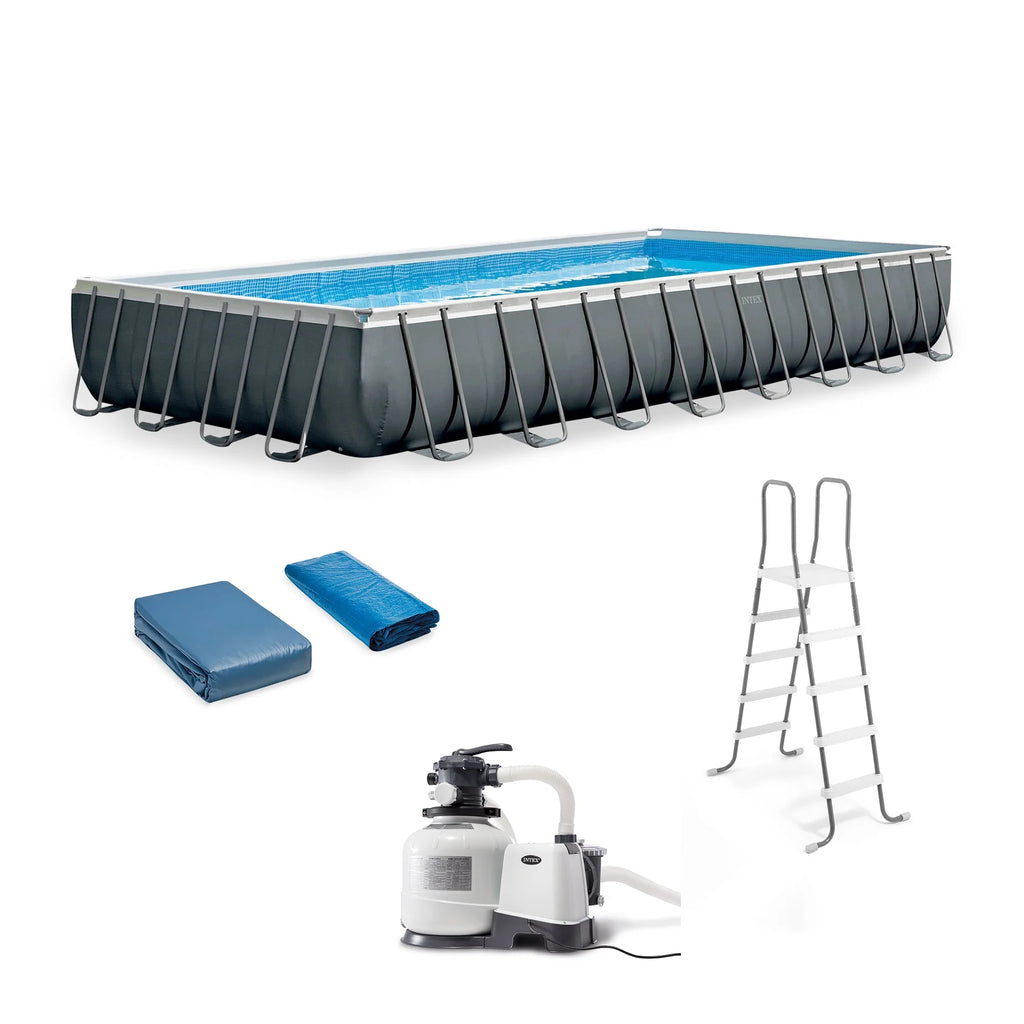 Gray Rectangular Above Ground Swimming Pool Set L4489