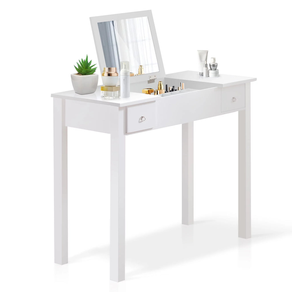 White Vanity Table with Flip-Top Mirror and 2 Drawers E755