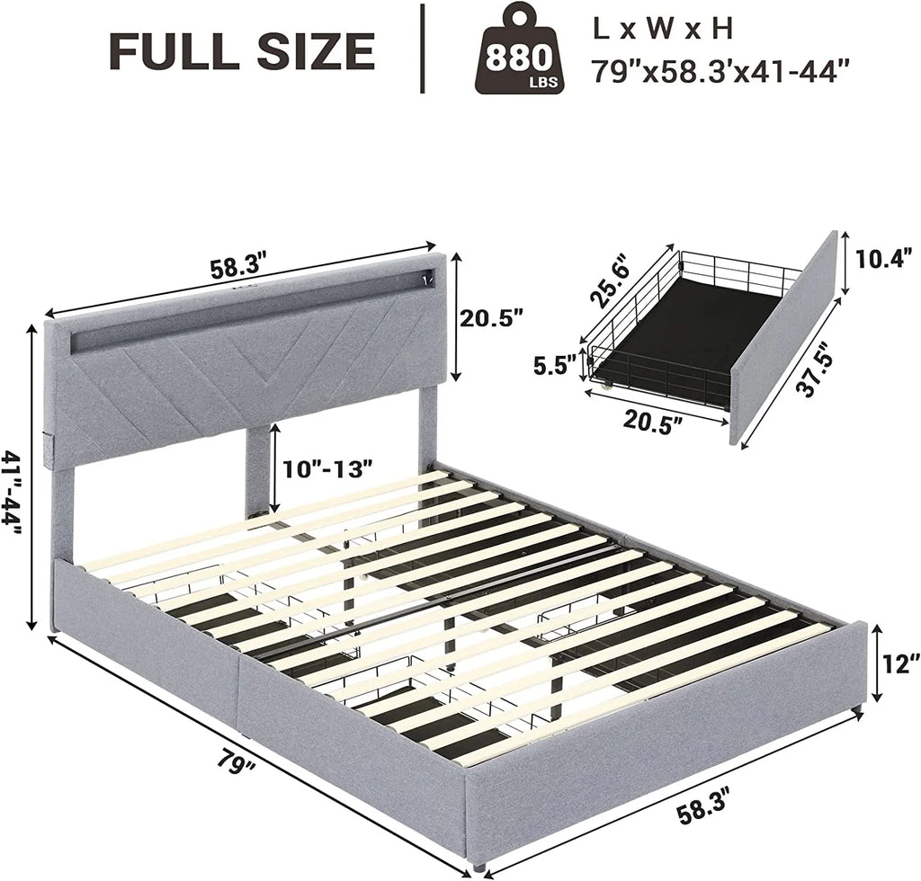 Queen Size LED Upholstered Platform Bed Frame with Drawers O52565