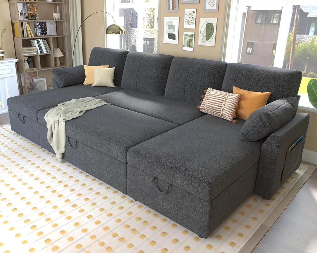 White Sherpa Sleeper Sofa with Storage Chaise W8331