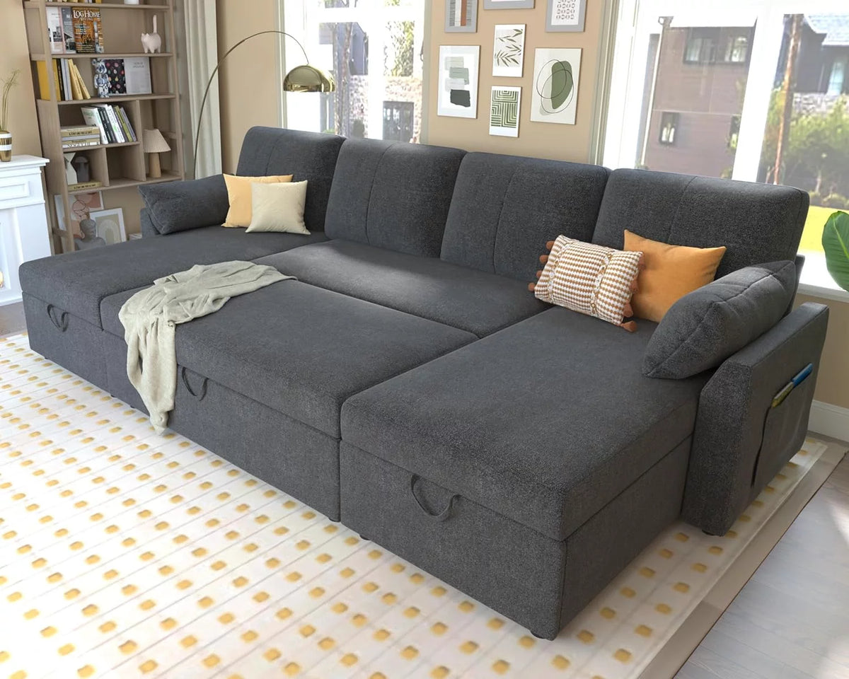 White Sherpa Sleeper Sofa with Storage Chaise W8331