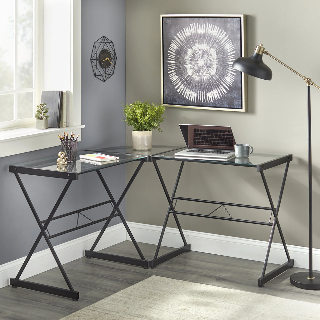 L Shape Computer Desk with Metal Frame & Clear Glass Top U216821