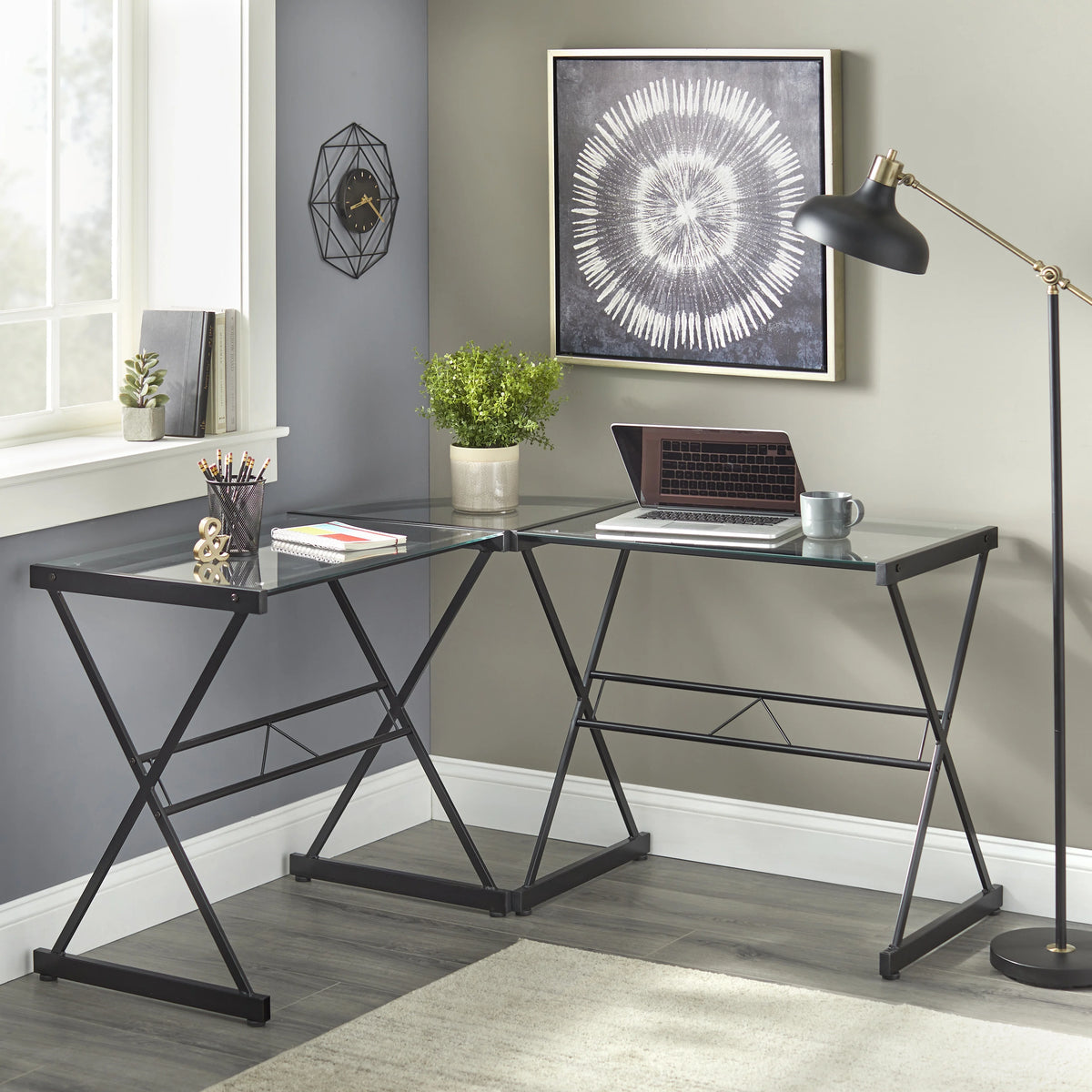 L Shape Computer Desk with Metal Frame & Clear Glass Top U216821