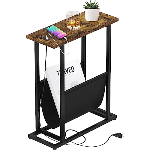 Narrow Side Table with USB Charging Station & Fabric Magazine Holder Sling S3411