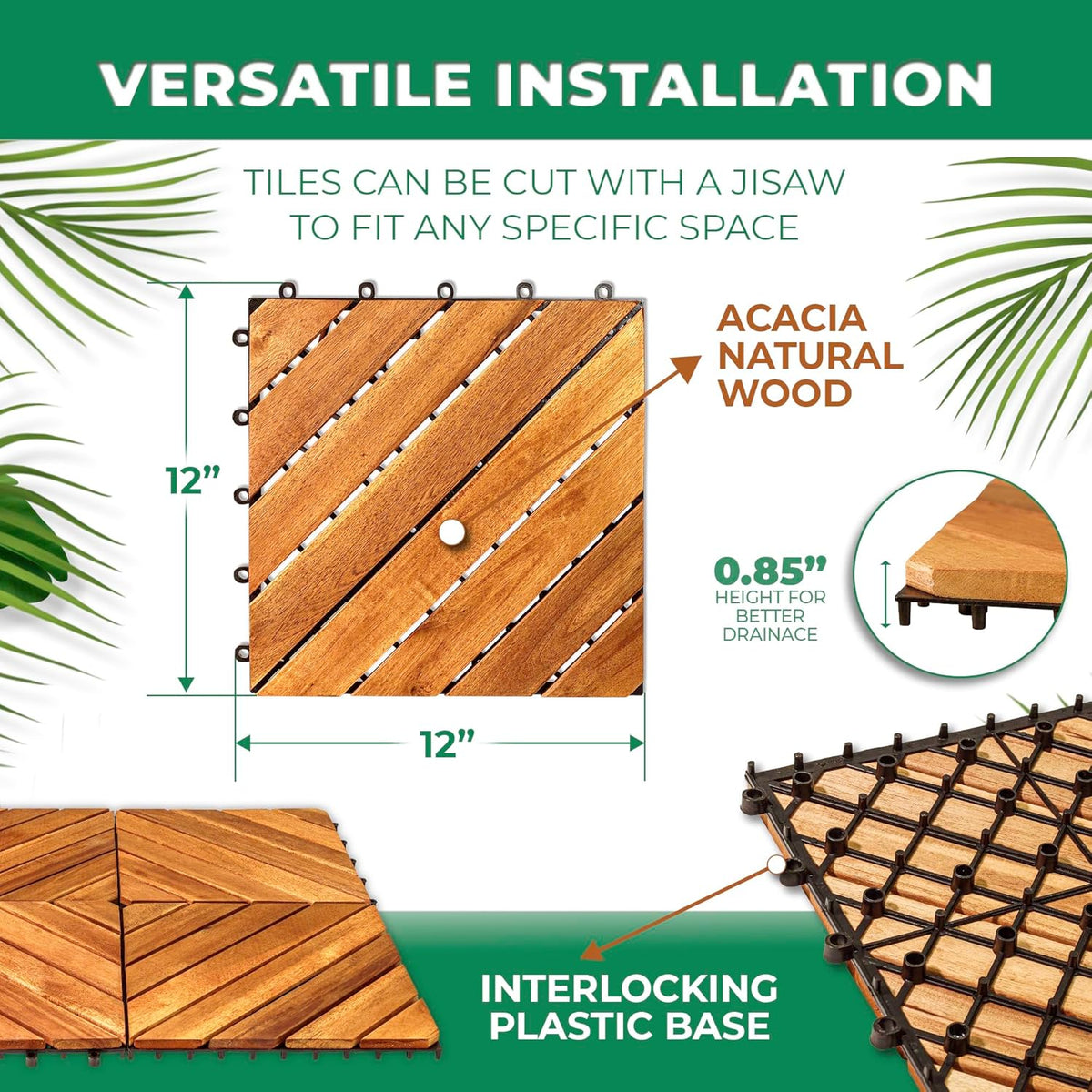 Interlocking Deck Tile (Pack of 10, 12"x12") Acacia Hardwood Patio Tile in Solid Acacia Wooden Oiled Finish Waterproof H616