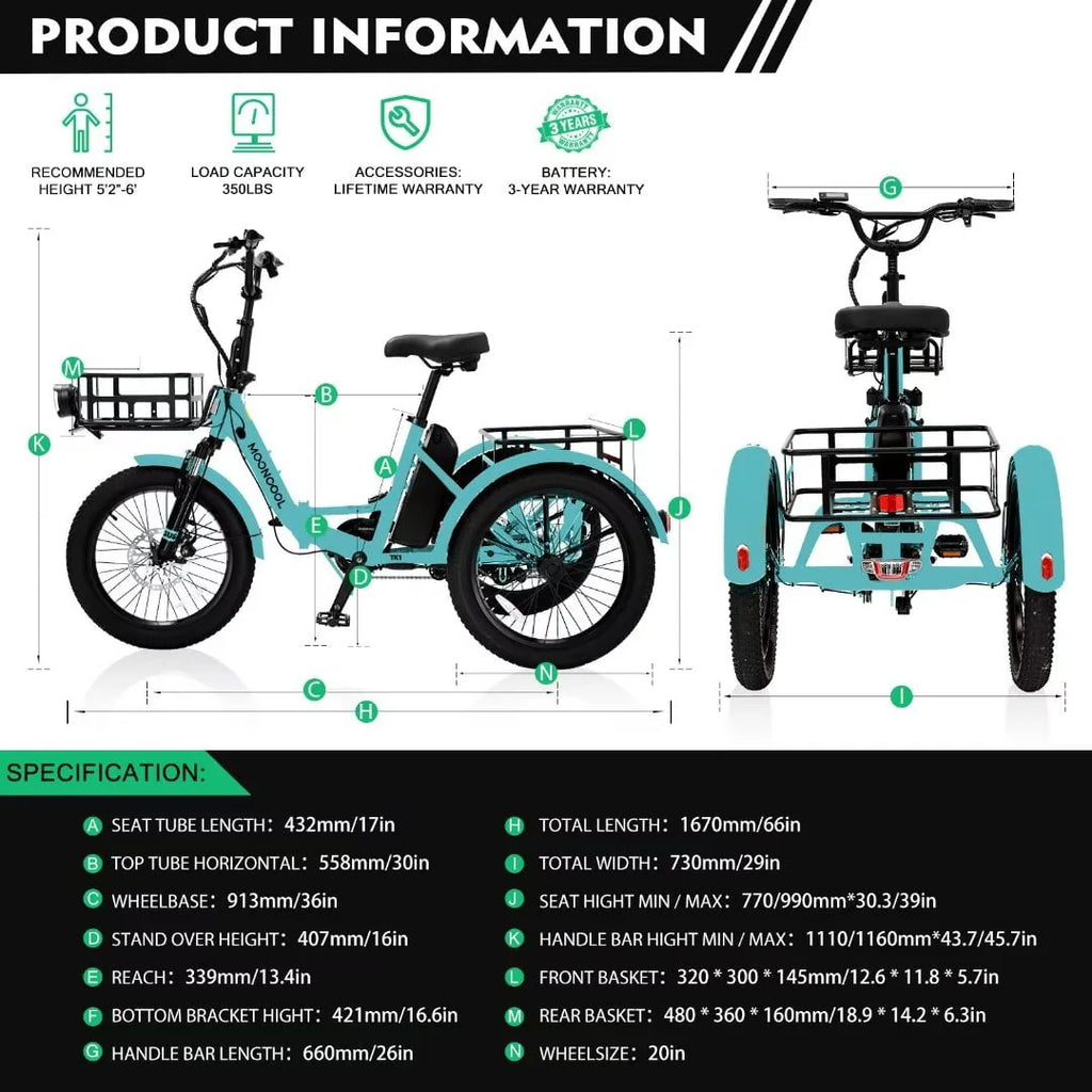 Electric Folding Tricycle with 500W Motor, 48v 14.5Ah Battery, 20*3in Fat Tires E326