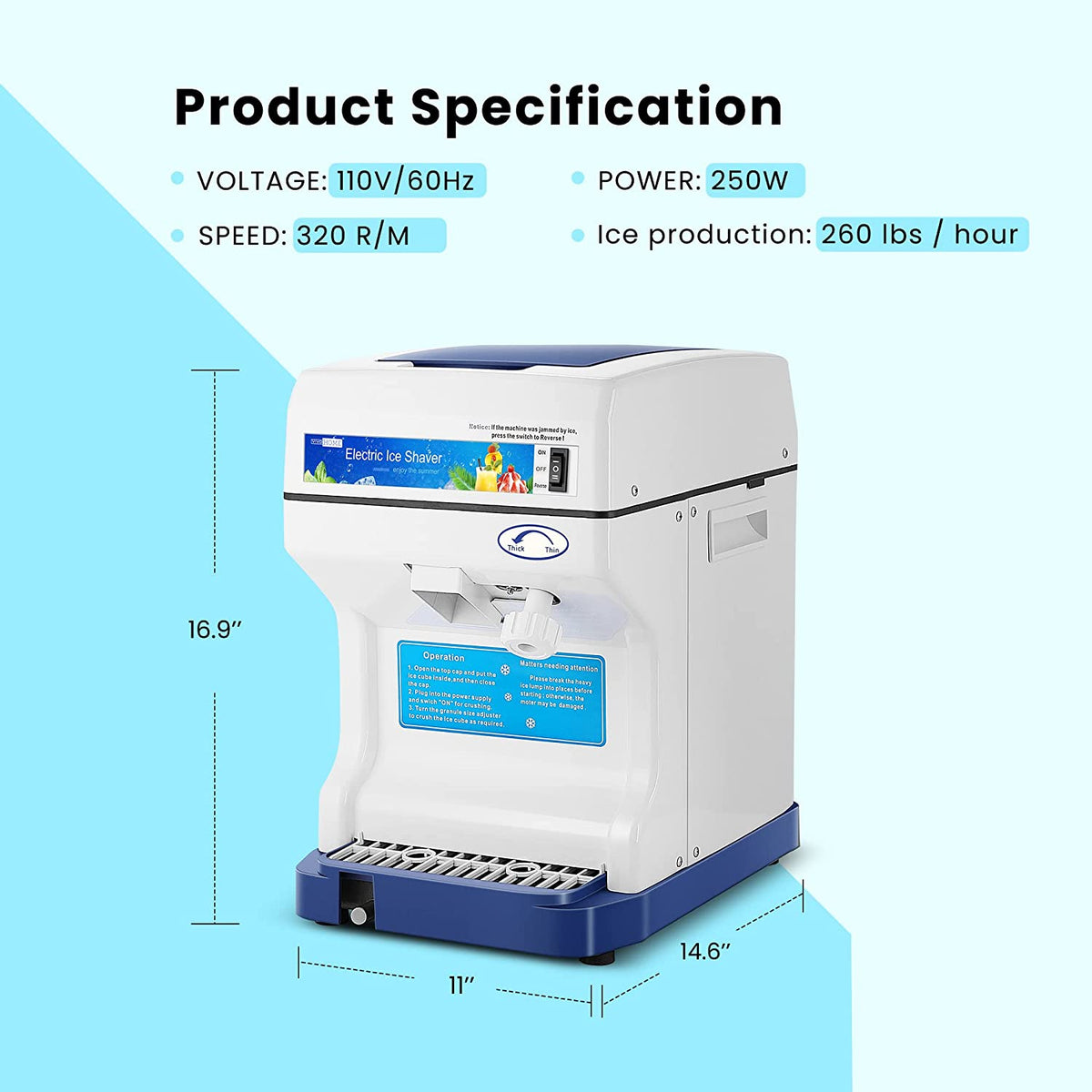 Blue Electric Ice Crusher Snow Cone Machine 265lbs/hr D436899