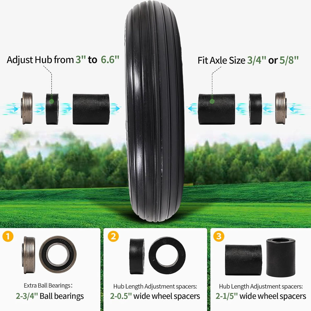 Flat Free Solid Wheelbarrow Tire with 3/4 & 5/8 Wheel Bearing 3" Hub M917