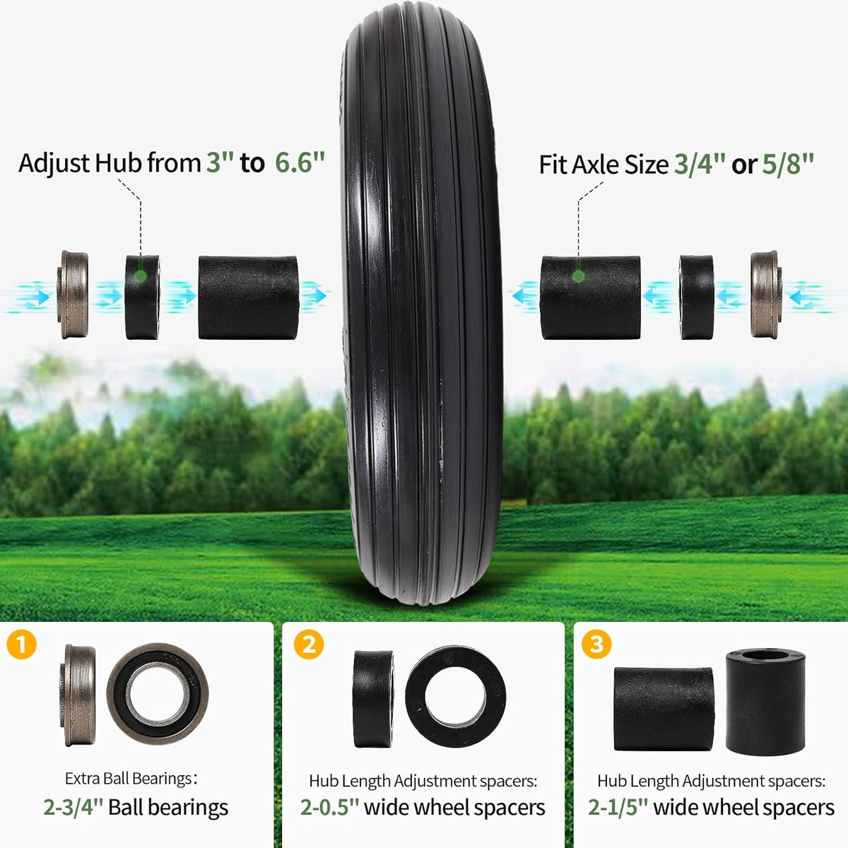 Flat Free Solid Wheelbarrow Tire with 3/4 & 5/8 Wheel Bearing 3" Hub M917