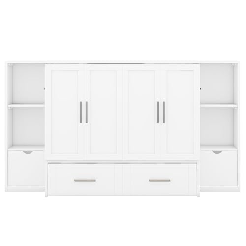 White Queen Size Solid Wood Murphy Wall Bed with Storage X5124