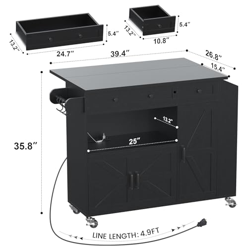 Rolling Kitchen Island with Drop Leaf, Power Outlet, Storage Cabinet and Drawer B75911