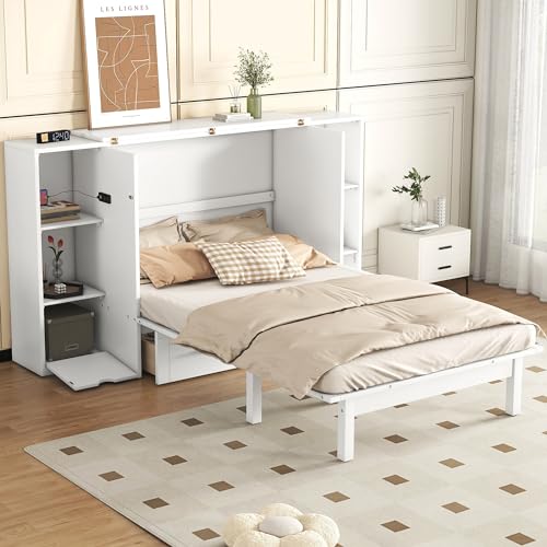 White Queen Size Solid Wood Murphy Wall Bed with Storage X5124