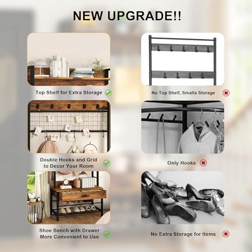 5-in-1 Wood Look Hall Tree with Bench and Shoe Storage, 12 Hooks Q45229