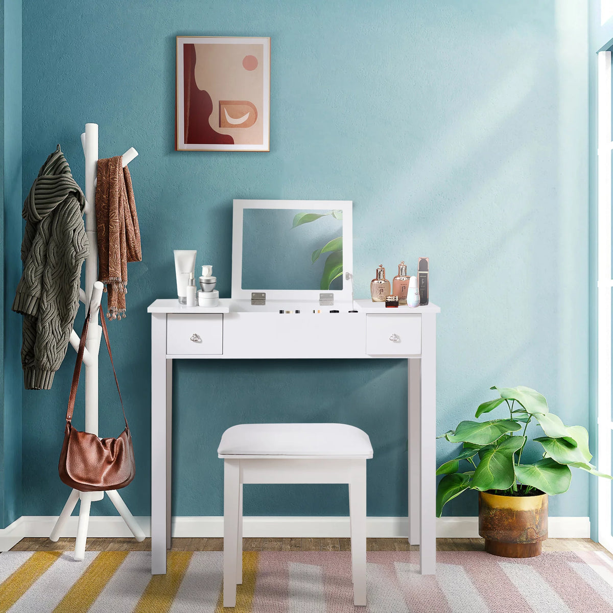 White Vanity Table with Flip-Top Mirror and 2 Drawers E755