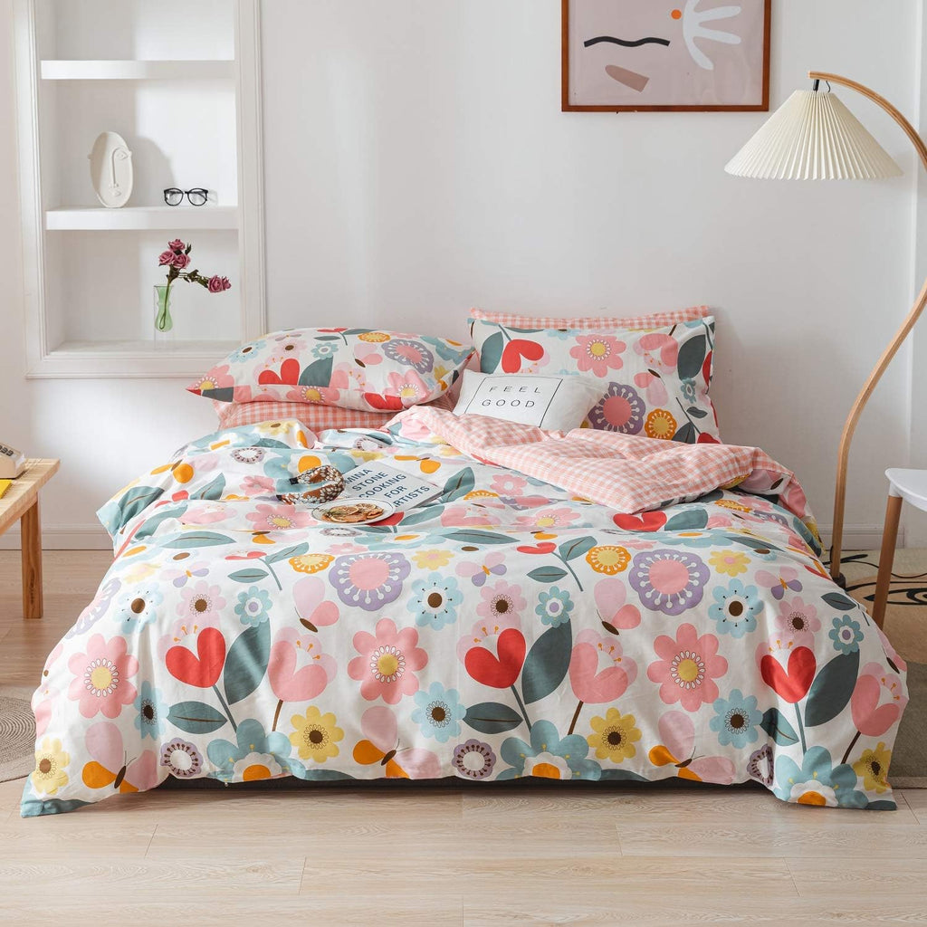 Red Floral 100% Cotton Kids Twin Duvet Cover Set with Zipper V55532