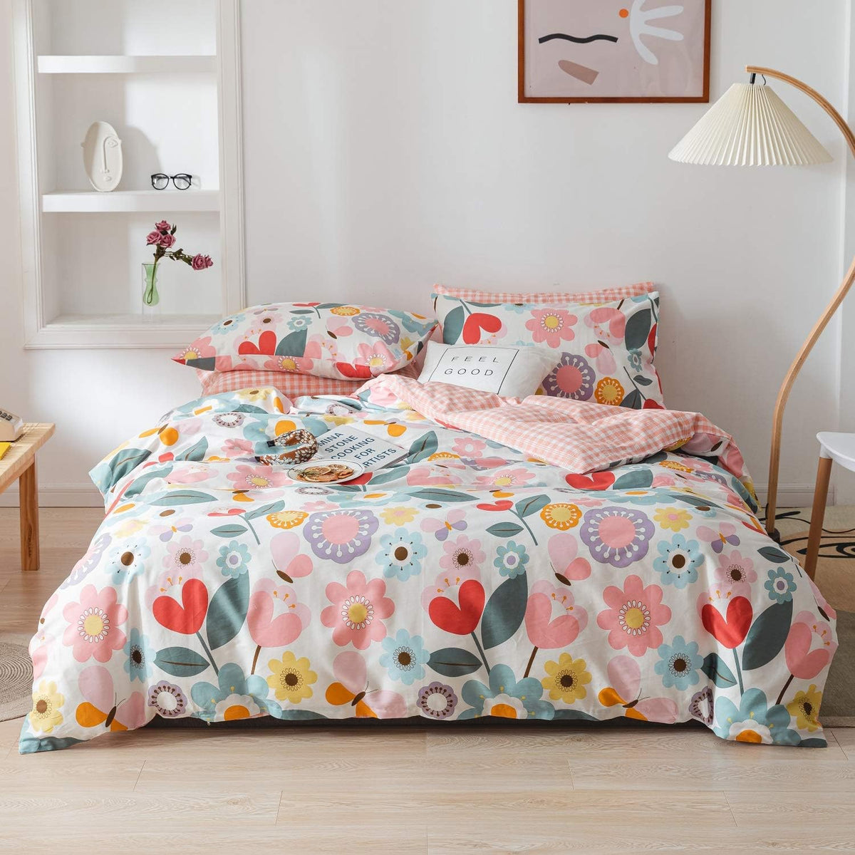 Red Floral 100% Cotton Kids Twin Duvet Cover Set with Zipper V55532