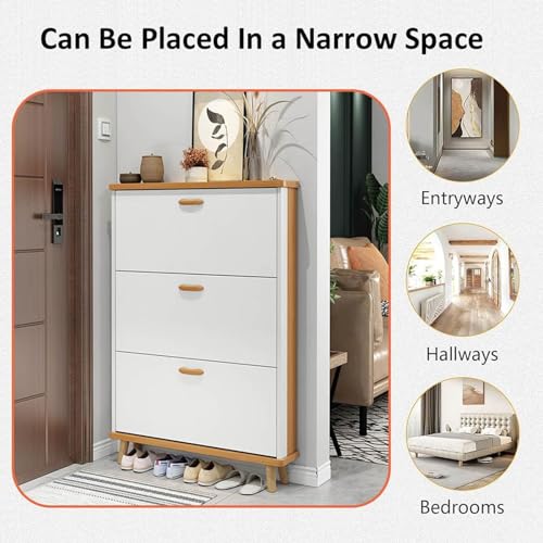 Slim Hidden Shoe Cabinet 3 Flip Drawers Wooden Tall Shoe Rack R579928