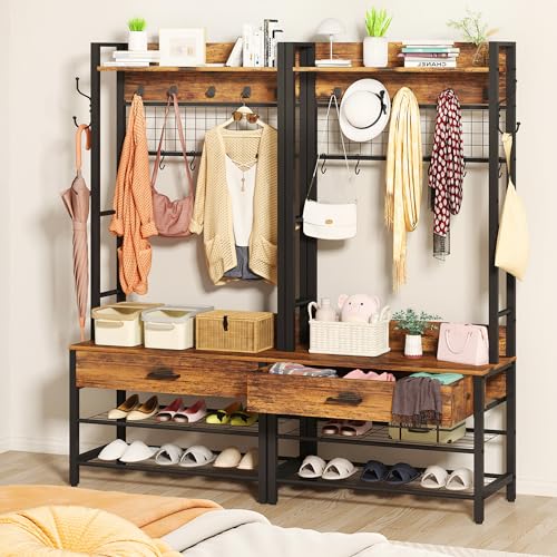 5-in-1 Wood Look Hall Tree with Bench and Shoe Storage, 12 Hooks Q45229