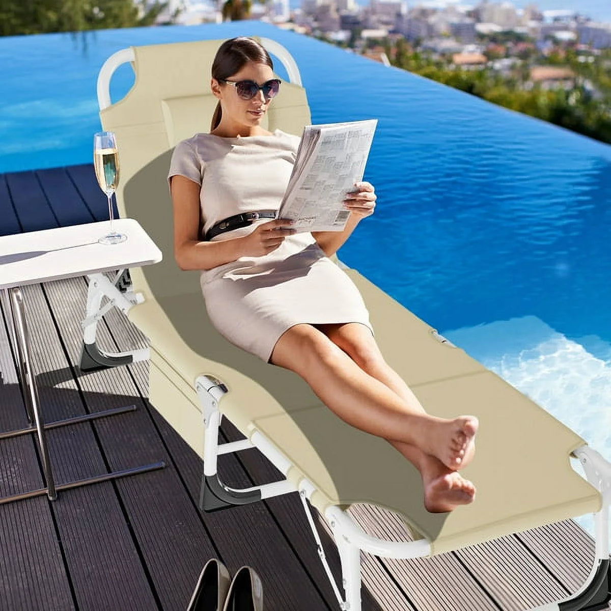 Heavy Duty Tanning Chair with Face & Arm Holes Adjustable 5-Position Folding Chaise Lounge Chair Y188