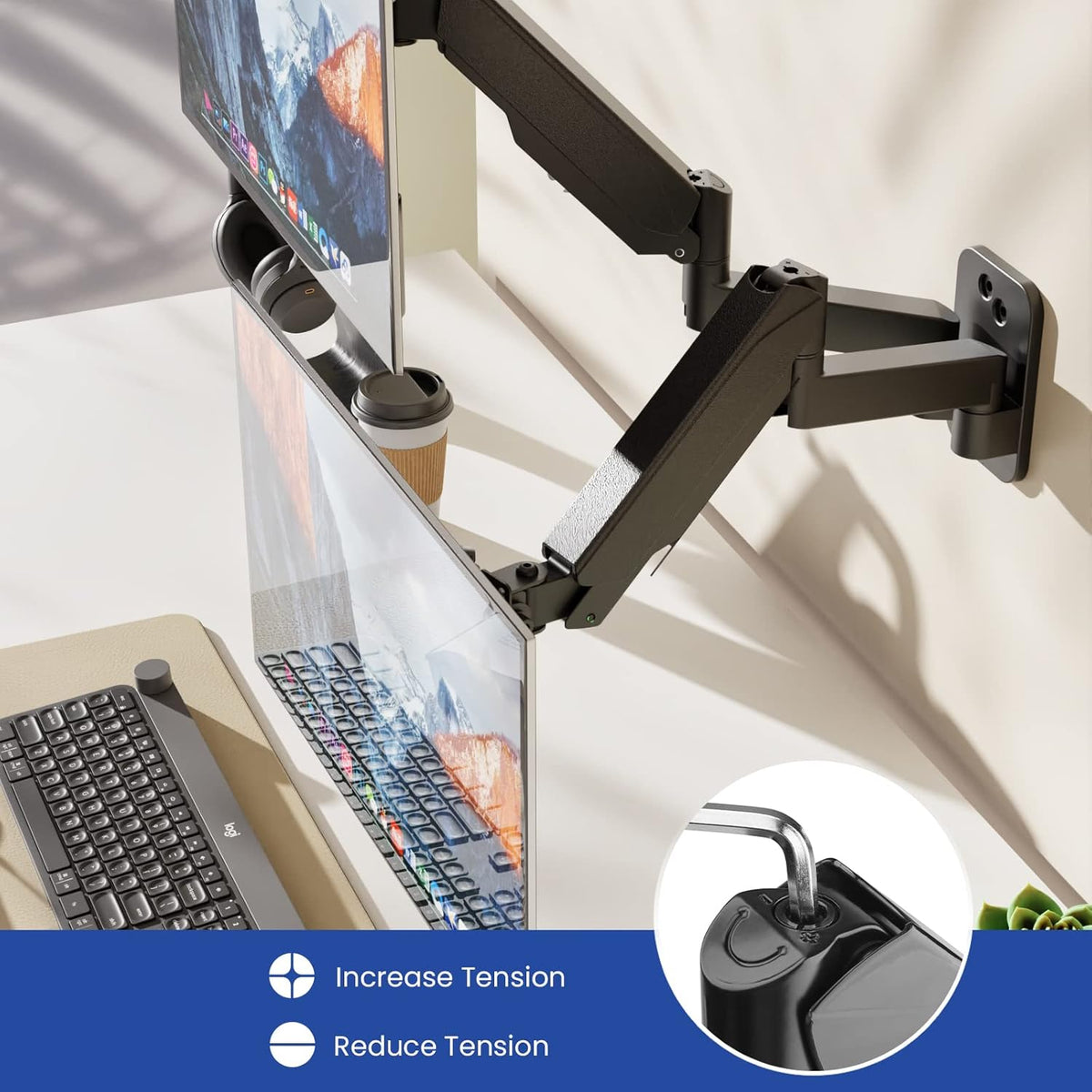Black Gas Spring Dual Monitor Wall Mount for 17 to 32 inch Screens D22358