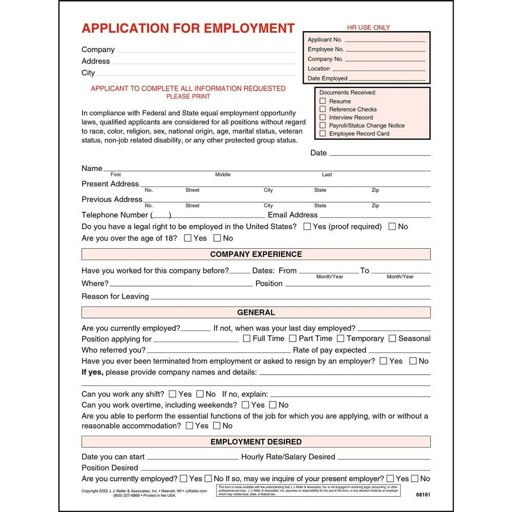 Application for Employment Form 8.5 x 11 25 Pack N792