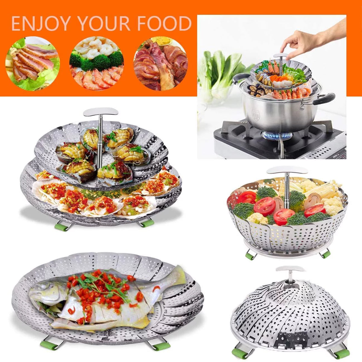 Double Layer Stainless Steel Collapsible Steamer Basket K897779