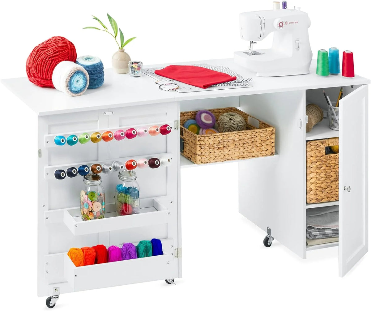 Large White Folding Sewing Table with Caster Wheels L6947
