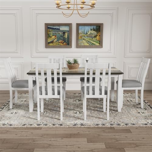 7 Pieces Dining Table Set with 6 Upholstered Chairs and Extendable Tabletop, Solid Wood B553