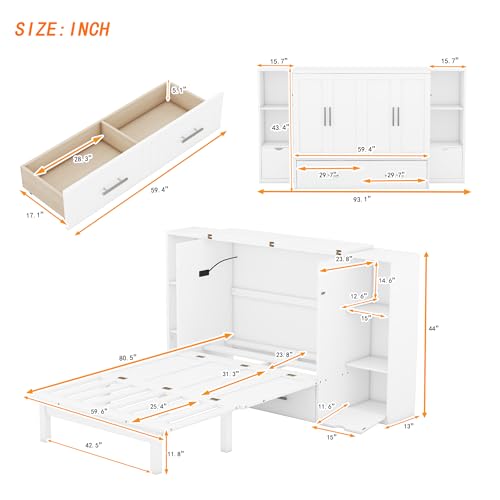 White Queen Size Solid Wood Murphy Wall Bed with Storage X5124