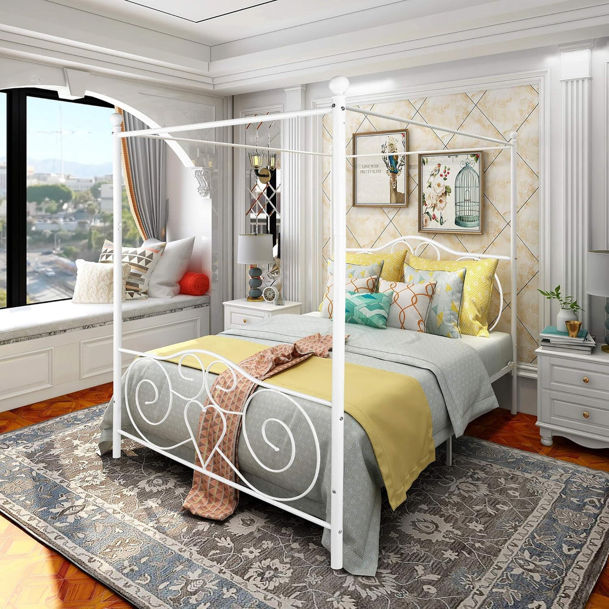 White Full Steel Canopy Bed Frame with Headboard and Footboard S40584