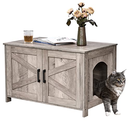 39.4" L Wooden Cat Litter Box Enclosure with Barn Door, Greige M906