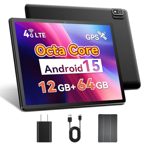 Android 15 Tablet with SIM Card Slot, 4G Cellular, Octa-Core, 12GB+64GB, 2TB Expandable, Dual Cameras, WiFi, BT5.0, GPS, Protective Case L7724