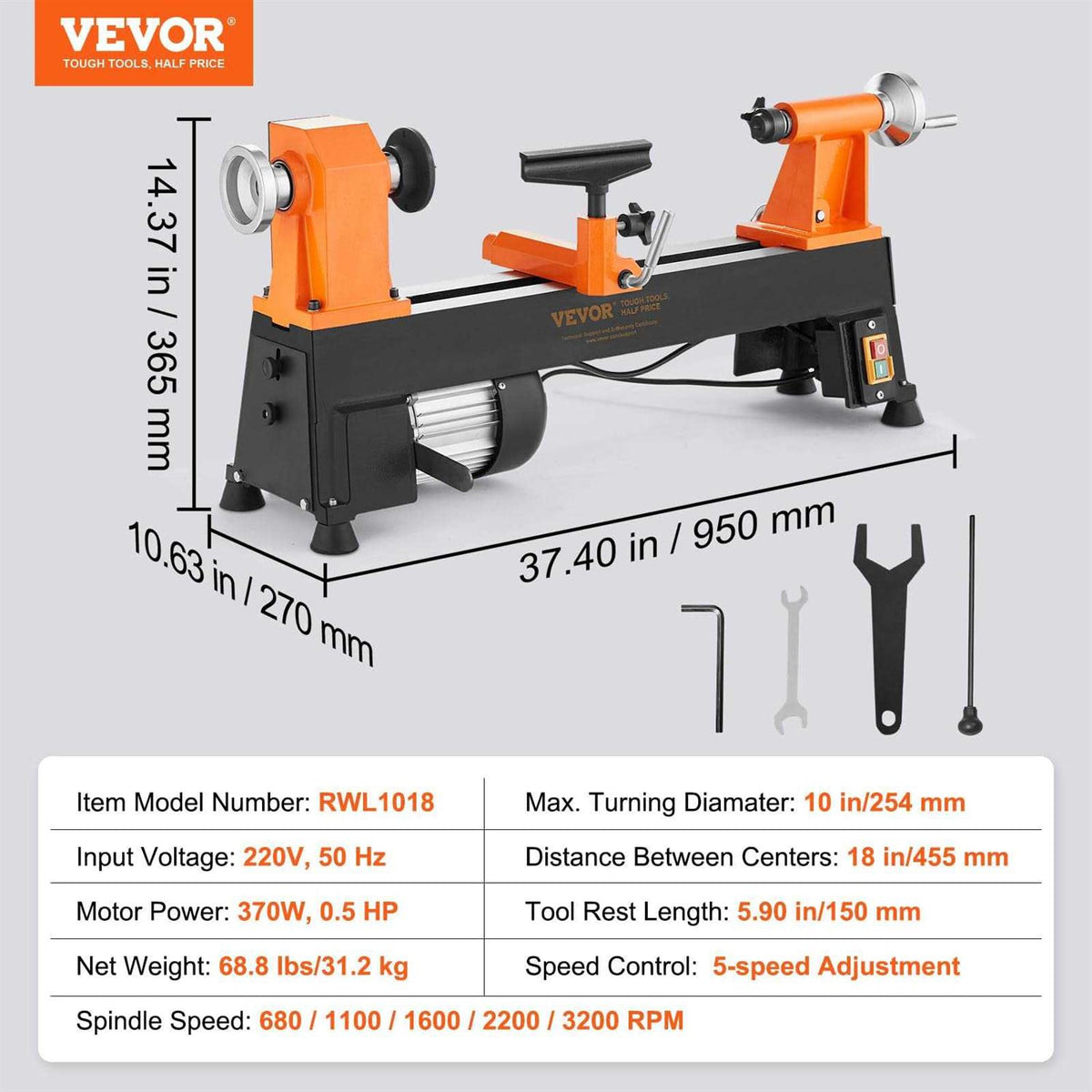 10 in x 18 in 0.5 HP Wood Lathe D358