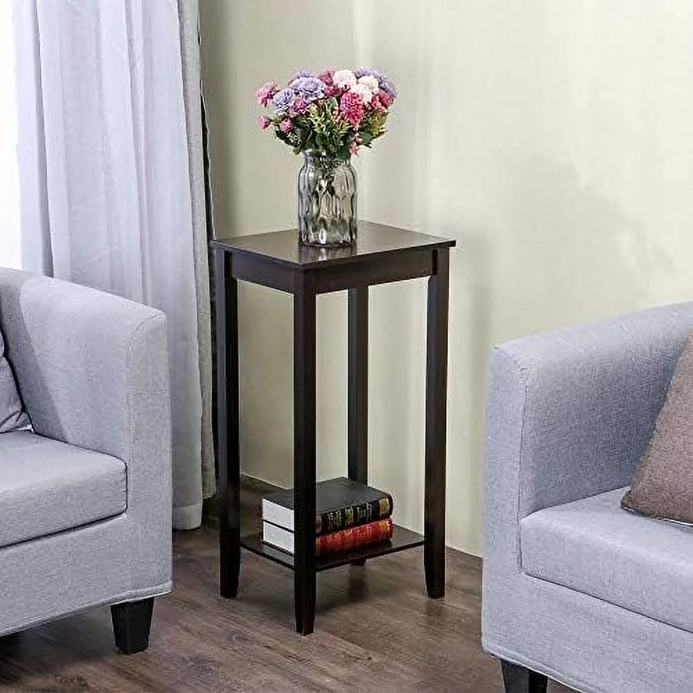 Dark Coffee Tall End Table With Storage Shelf And Solid Wood Legs, D12xw15xh29 Inches G405