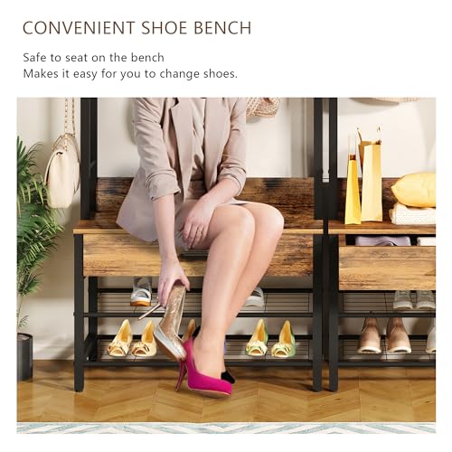 5-in-1 Wood Look Hall Tree with Bench and Shoe Storage, 12 Hooks Q45229