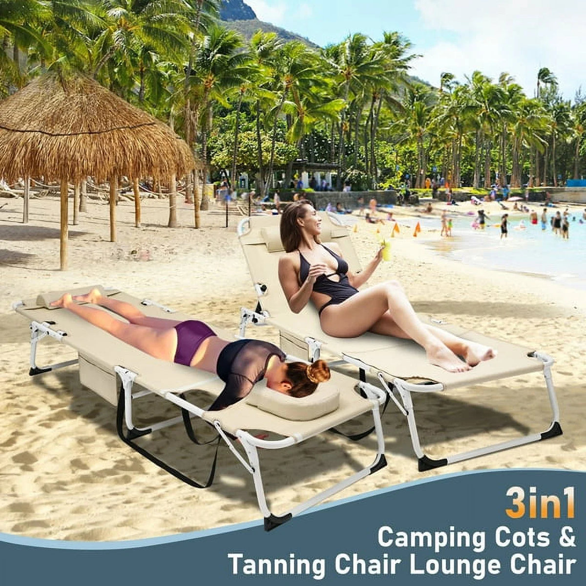 Heavy Duty Tanning Chair with Face & Arm Holes Adjustable 5-Position Folding Chaise Lounge Chair Y188