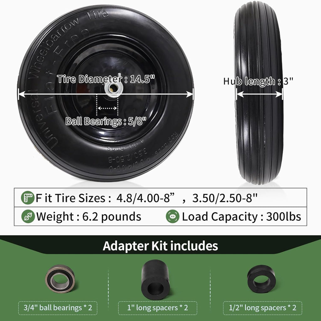 Flat Free Solid Wheelbarrow Tire with 3/4 & 5/8 Wheel Bearing 3" Hub M917
