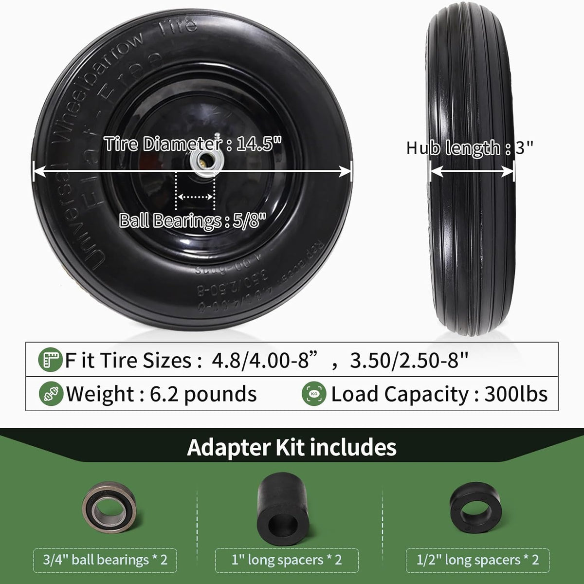 Flat Free Solid Wheelbarrow Tire with 3/4 & 5/8 Wheel Bearing 3" Hub M917
